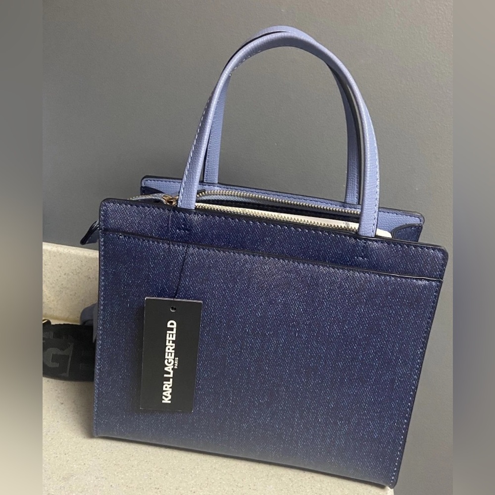 Karl Lagerfeld Paris Maybelle Bag Purse Satchel Double Top Handle Denim Blue NWT - Picture 2 of 2